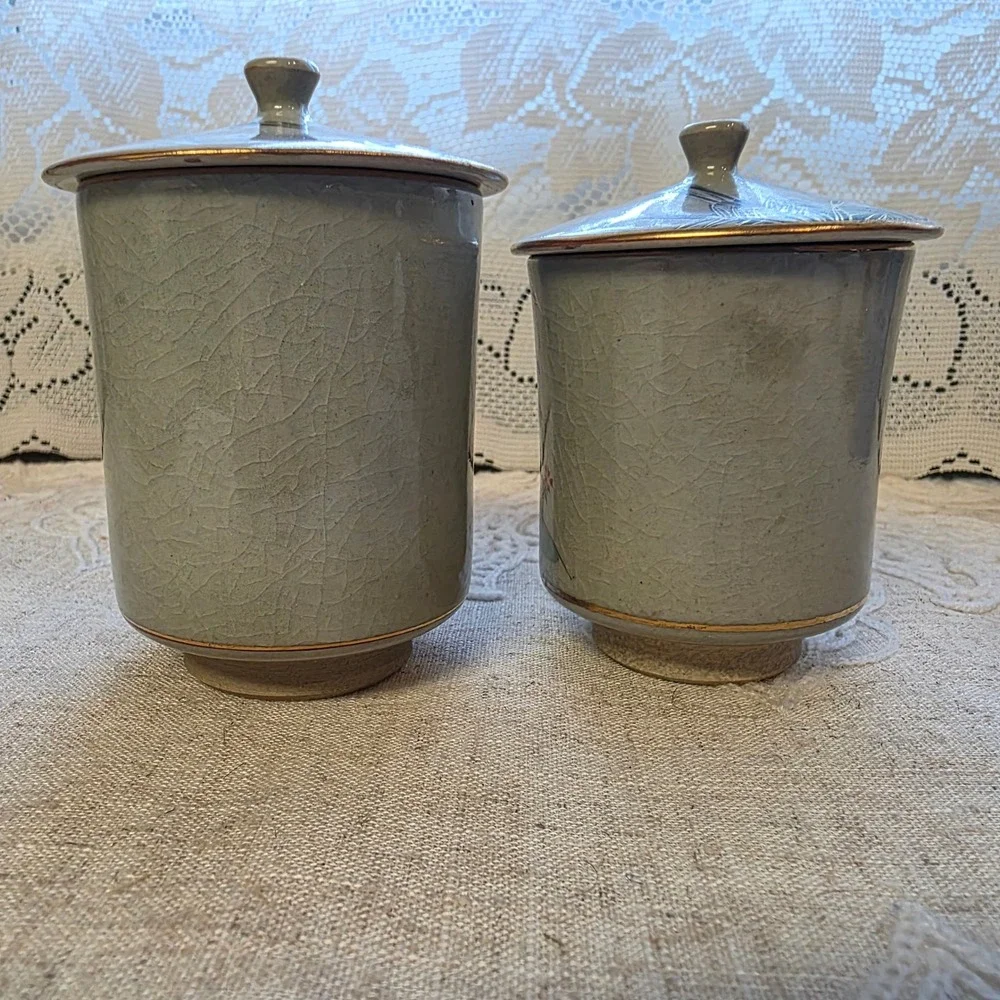 Kutani Japanese Tea Cups Set 2 Green Pheasant Bamboo Crackle Glaze Lidded Yunomi